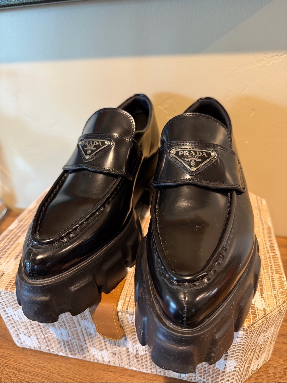 Prada Black Patent Leather Lug-Sole Slip-On Loafers - Picture 5 of 6